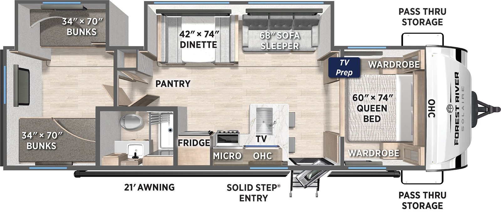 The SolAire Ultra Lite 302BHS floorplan has one entry and two slide outs. Exterior features include: fiberglass exterior and 21' awning. Interiors features include: bunk beds and front bedroom.